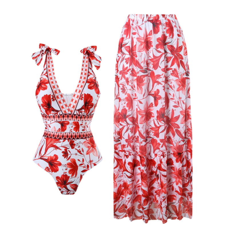 V-Neck Printed One-Piece Swimsuit with Matching Cover Skirt