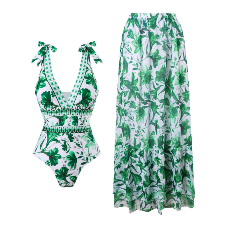 V-Neck Printed One-Piece Swimsuit with Matching Cover Skirt
