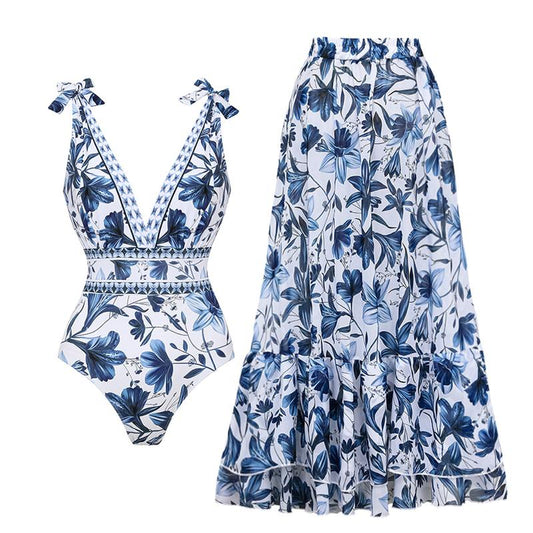 V-Neck Printed One-Piece Swimsuit with Matching Cover Skirt