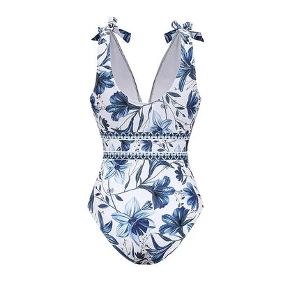V-Neck Printed One-Piece Swimsuit with Matching Cover Skirt